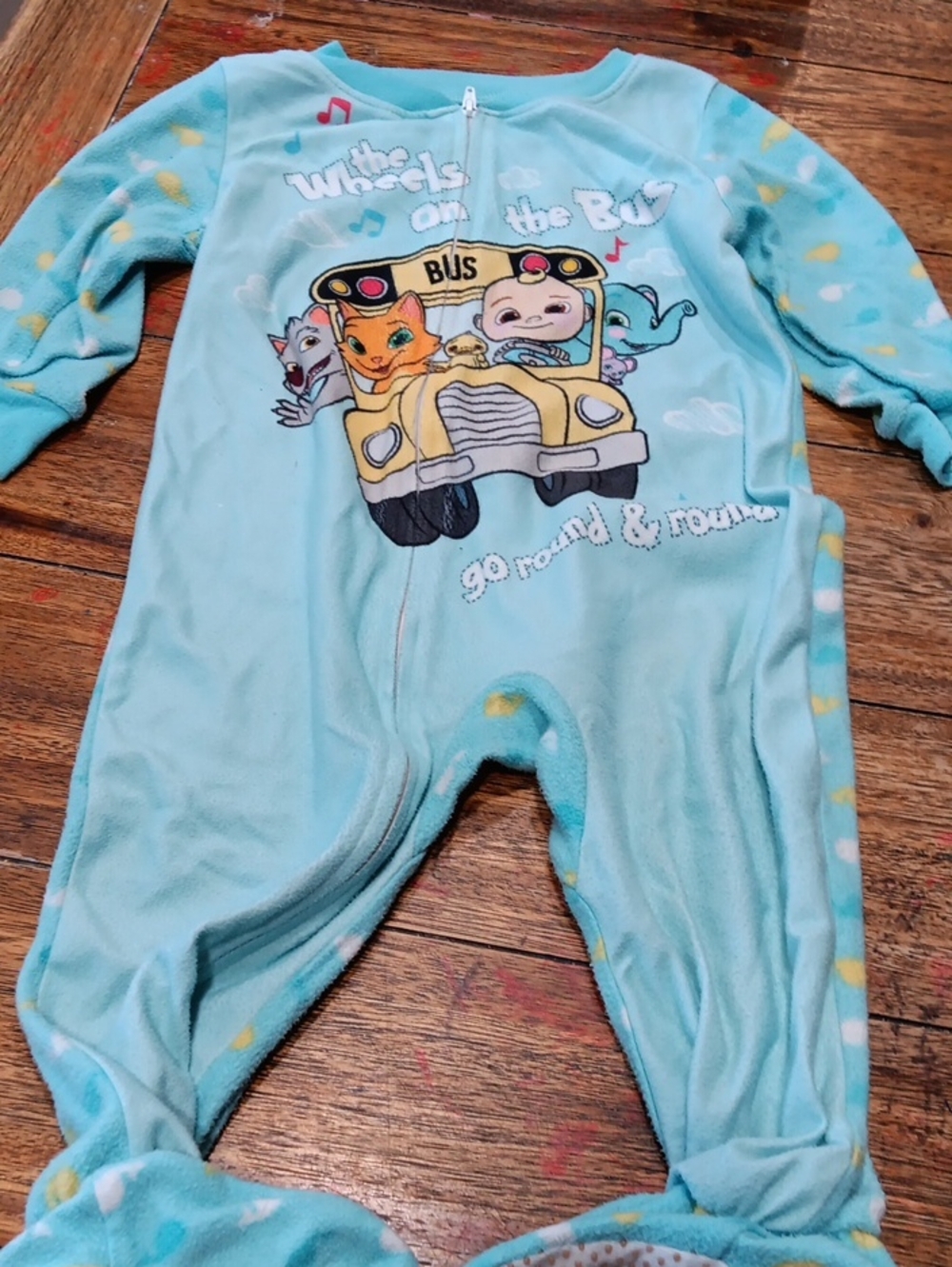 Cocomelon One-Piece Fleece Footed Pajamas - Light Blue Bus Print